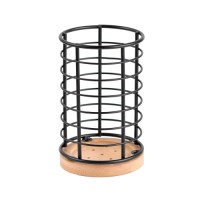 360°Rotating Utensil Holder for Kitchen Counter-Metal & Wooden Large Cooking Utensil Holder with Drainage Hole